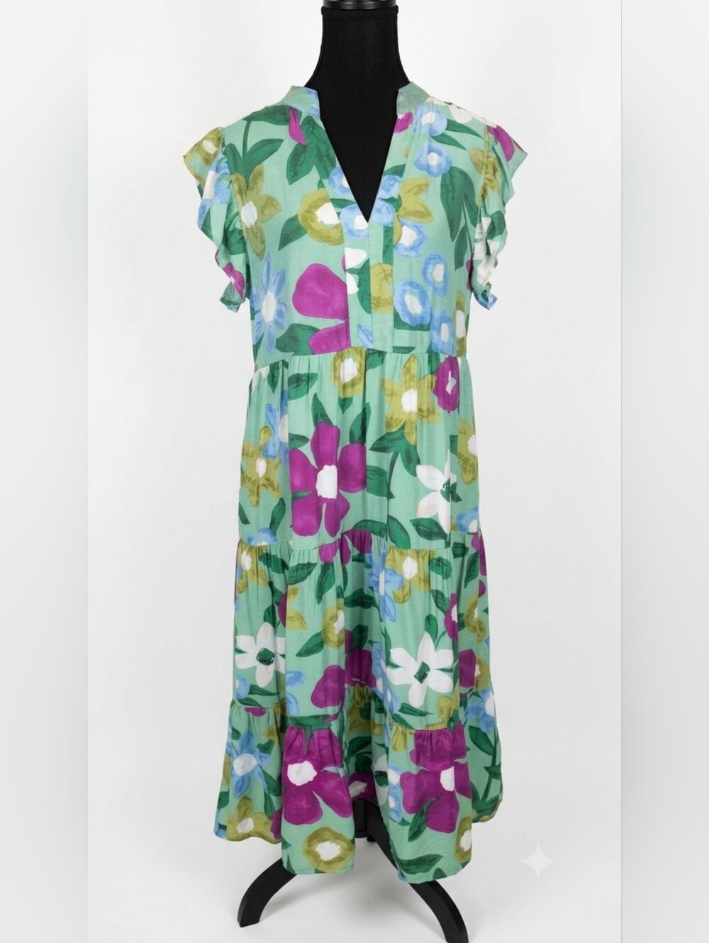 entro Mint Green Floral Midi Dress with Purple & White Blooms